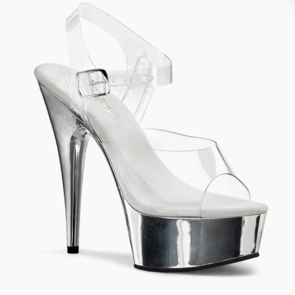 PLEASER Chrome Delight Sandals Clear Ankle Strap Platform Stiletto Size 5 In Box